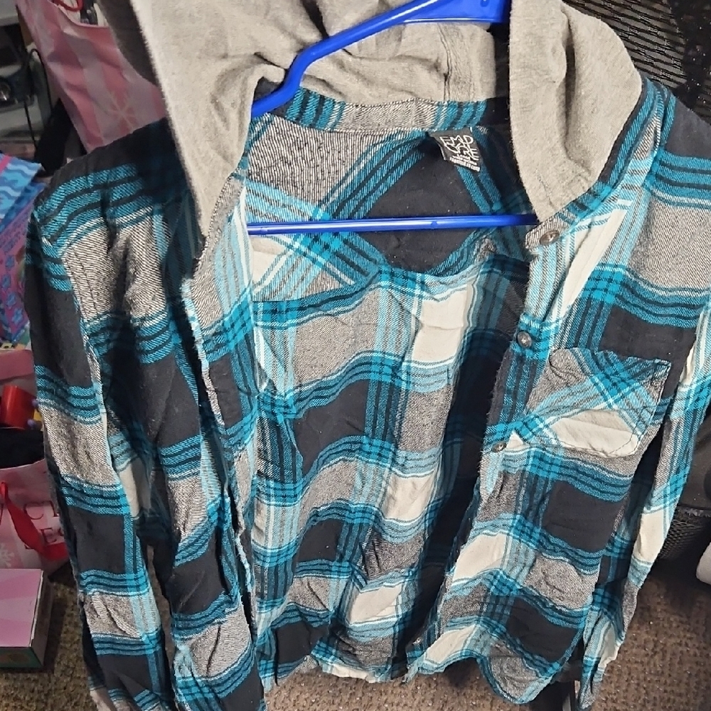 Teal and Gray Plaid Hooded Shirt